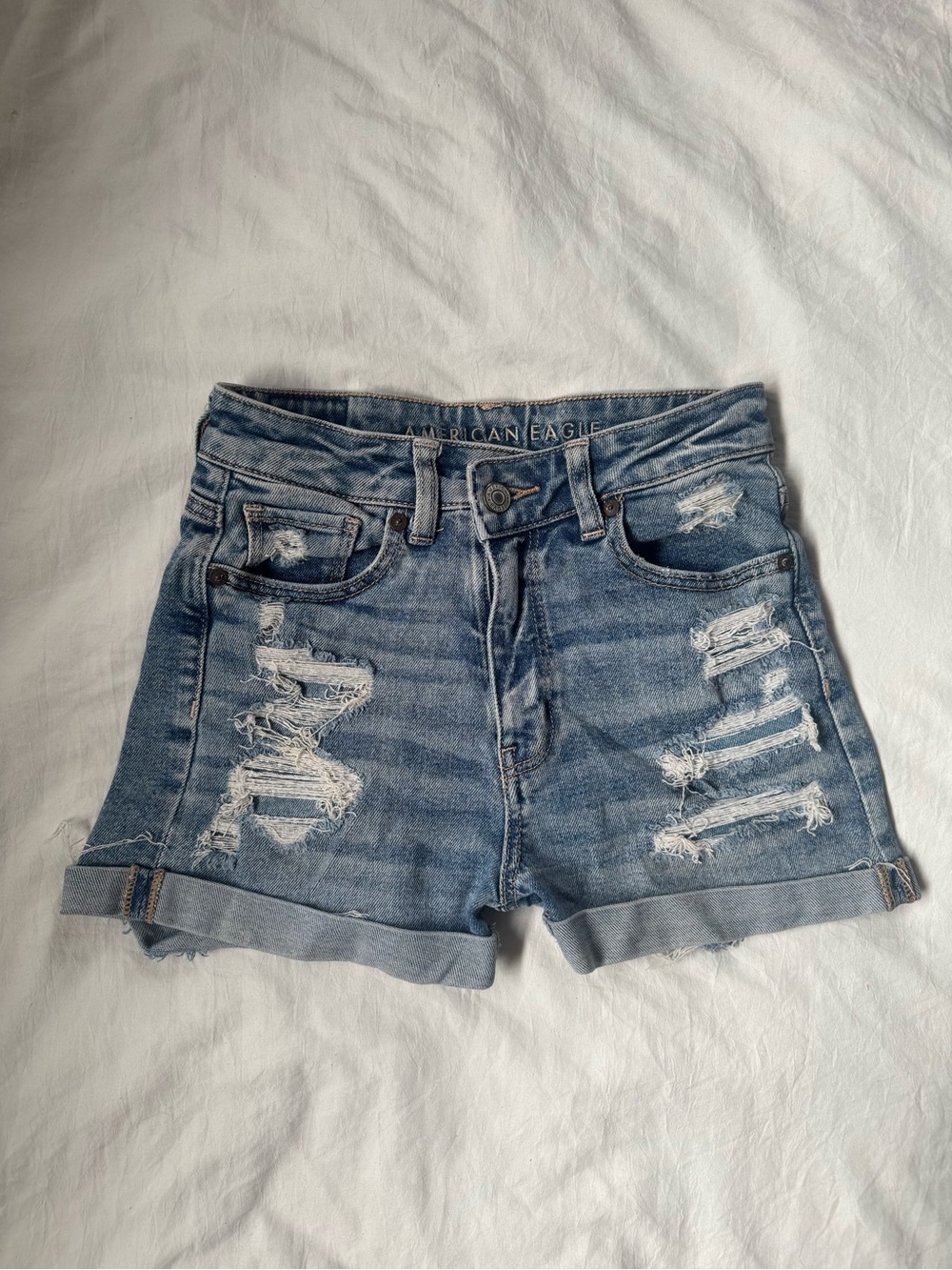 American Eagle Outfitters Light Blue Distressed Rolled-Hem Jean Shorts